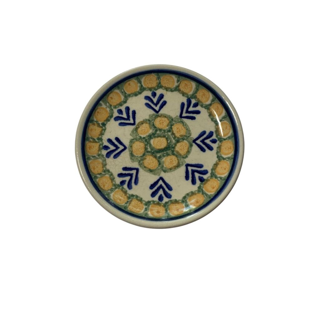 Boleslawiec Polish Pottery Blue Yellow Small 4 inch Trinket Dish Coaster